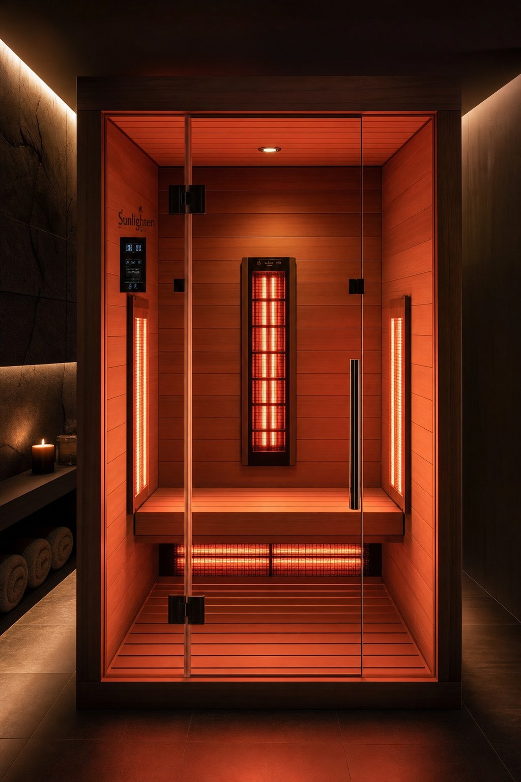 Infrared sauna cabin with cedar interior and glowing heating panels