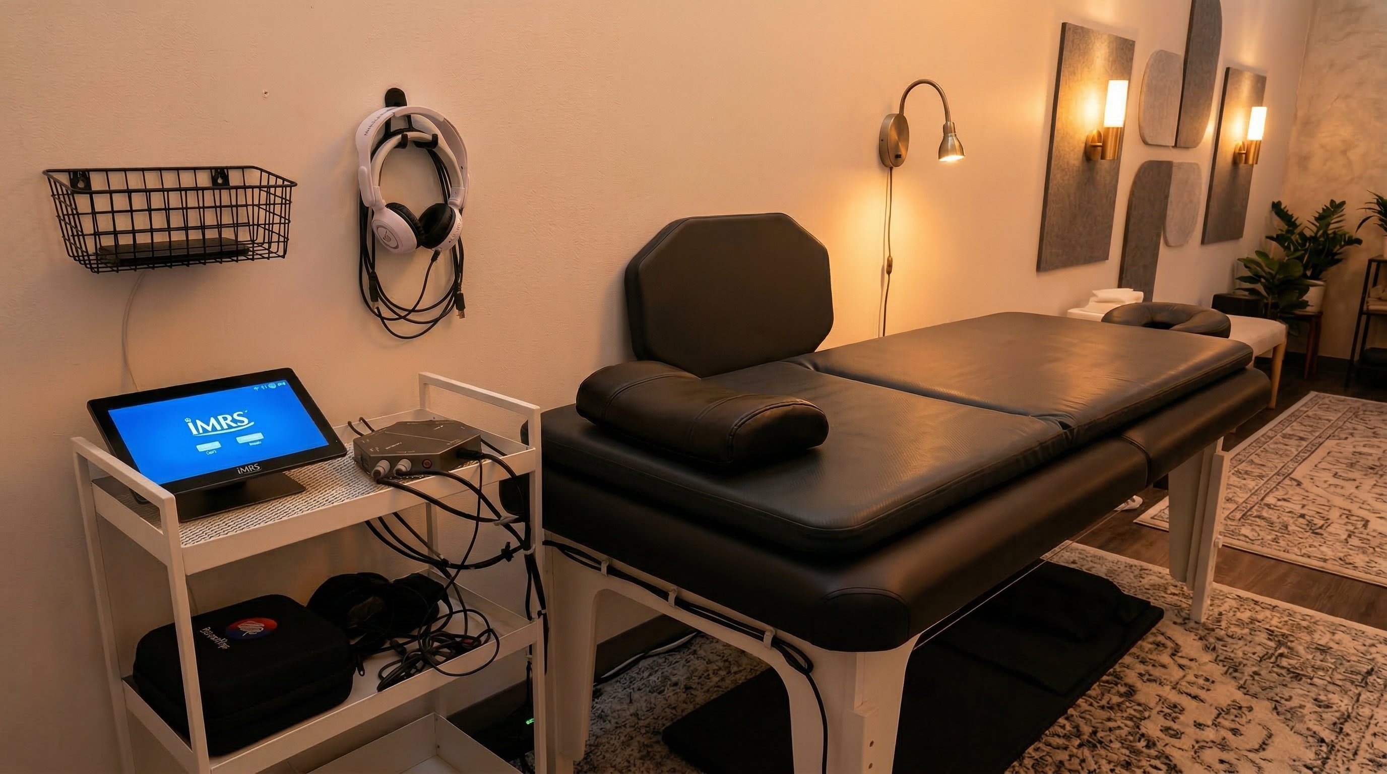 PEMF therapy bed with iMRS control unit and BrainTap headset